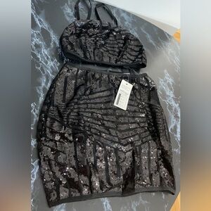 Women’s 2pc Sexy Set Mini Skirt+Top Allover Sequins Black Size M, L, XXL MEANEOR